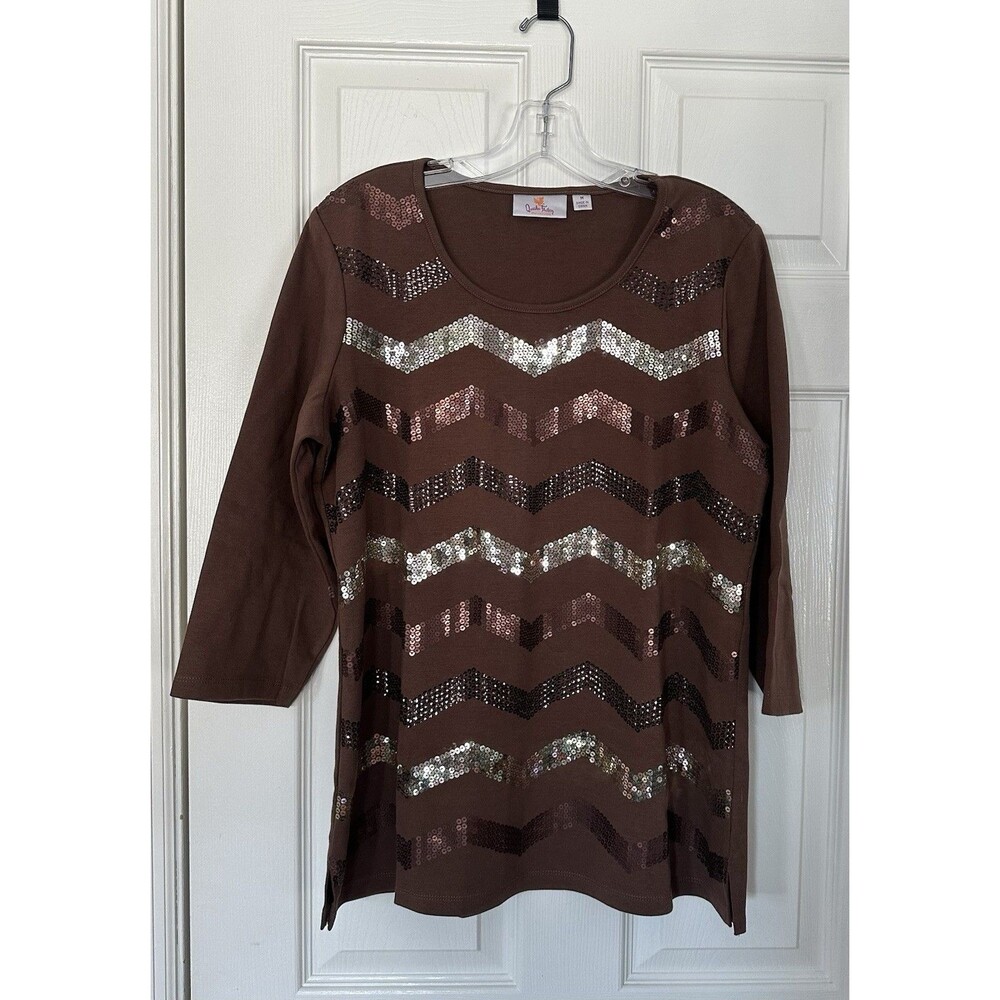 NWOT Quaker Factory GORGEOUS Women’s Embellished Sequin brown Shirt Top MEDIUM